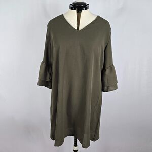 Belongsci Shift Dress Women's XXL V-Neck Bell Half Sleeve Mini Olive Green NWT